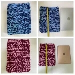 Crocheted t-shirt yarn laptop case and tablet sleeve.